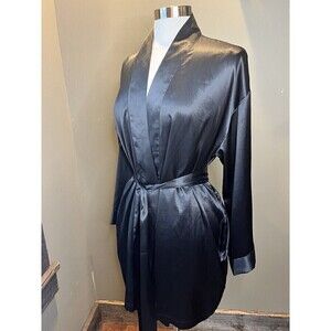 Victoria Secret Black Satin Lingerie Robe One Size
